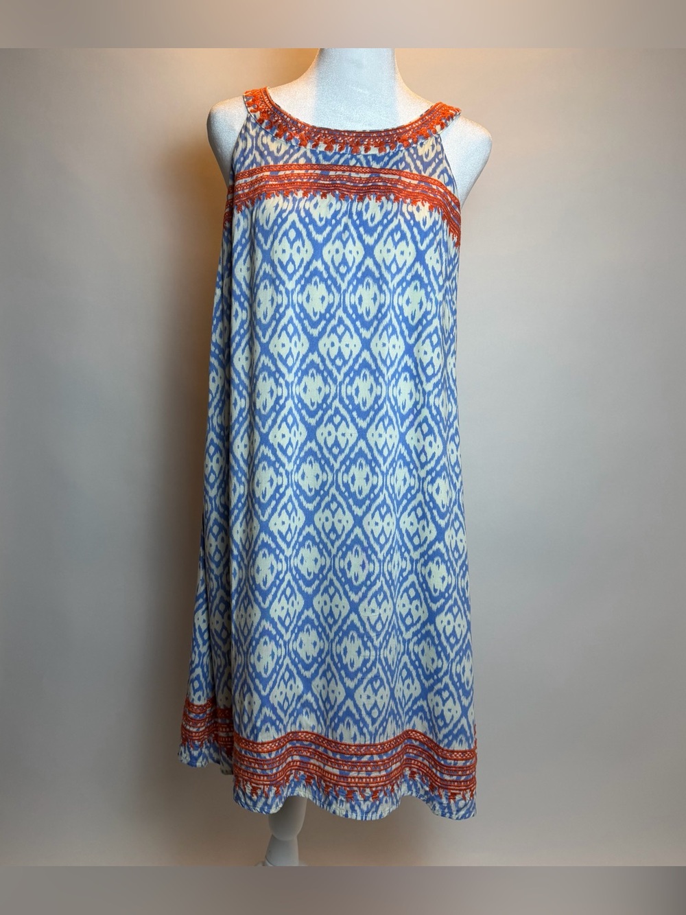 THML Blue and Cream Ikat Print Dress with Orange Trim